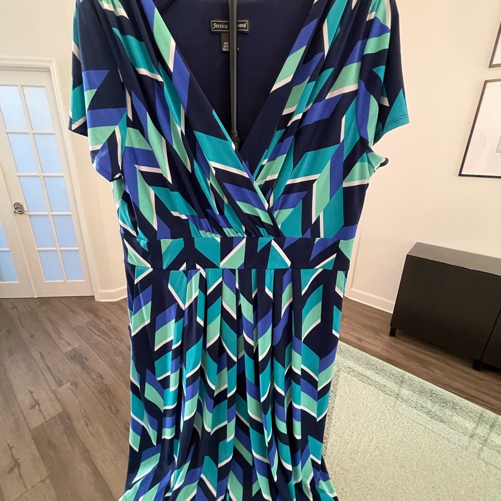 Jessica Howard Navy and Teal Chevron Maxi Dress